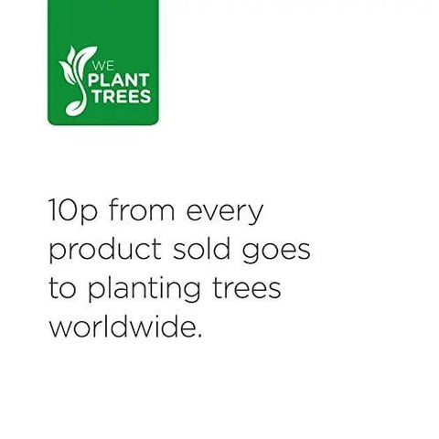 Text on a white background with a green icon that says 'We Plant Trees.' The text reads, '10p from every product sold goes to planting trees worldwide Text on a white background with a green icon that says 'We Plant Trees.' The text reads, '10p from every product sold goes to planting trees worldwide