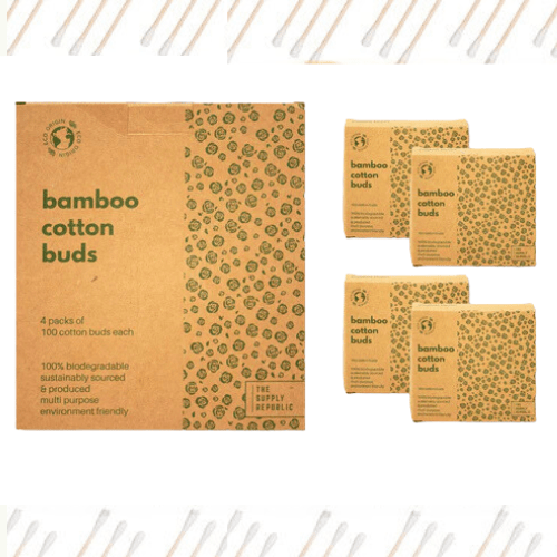 "A pack of 400 eco-friendly and biodegradable bamboo cotton buds.".